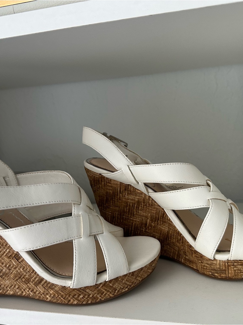 Women’s White Wedge Sandals with Woven Cork Platform